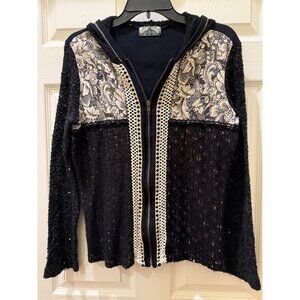 Vanilla Sugar Womens Medium Black & Cream Hooded Knit Jacket With Zipper & Flora